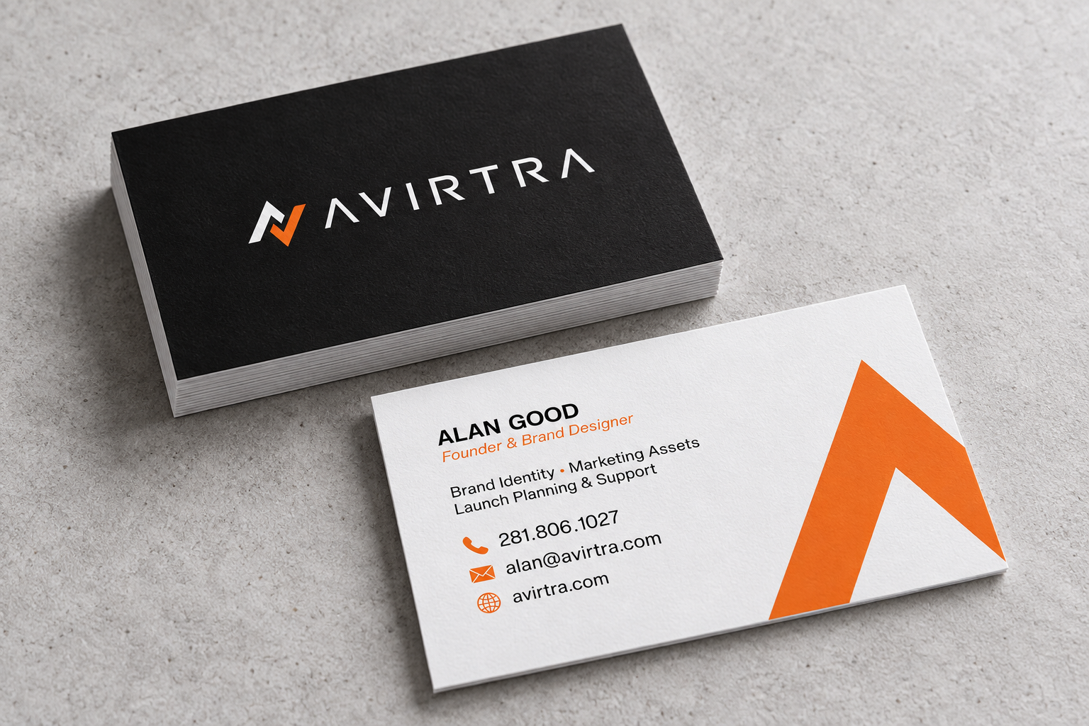Studio mockup of the Avirtra business card design
